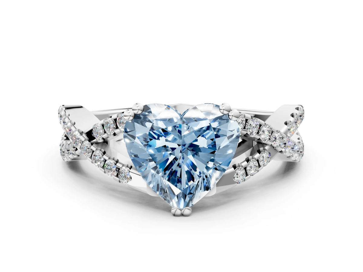 Fancy Blue Heart Cut Diamond Solitaire Ring in Silver with Interwoven Pavé Band and Prong Setting_6