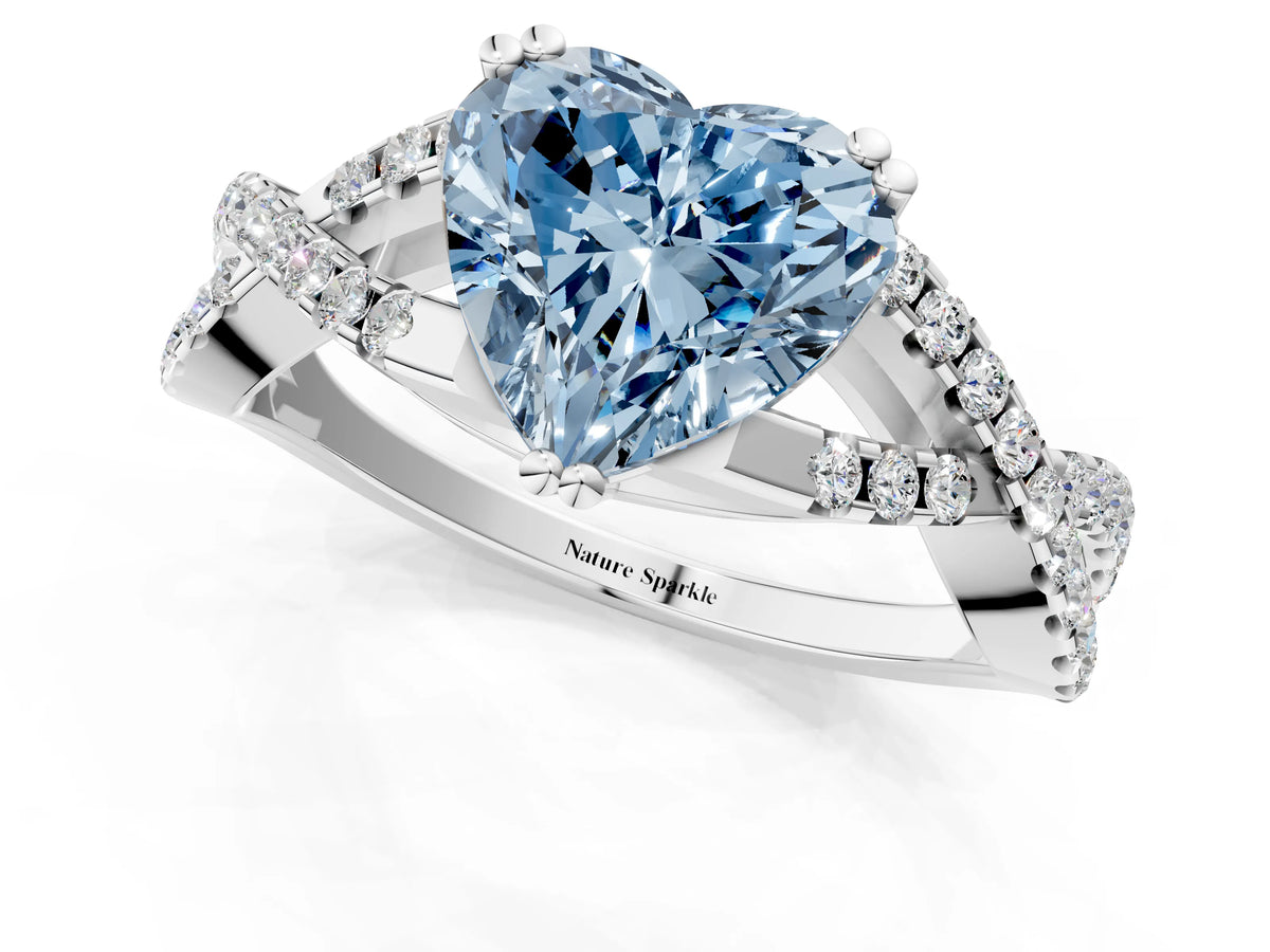 Fancy Blue Heart Cut Diamond Solitaire Ring in Silver with Interwoven Pavé Band and Prong Setting_7