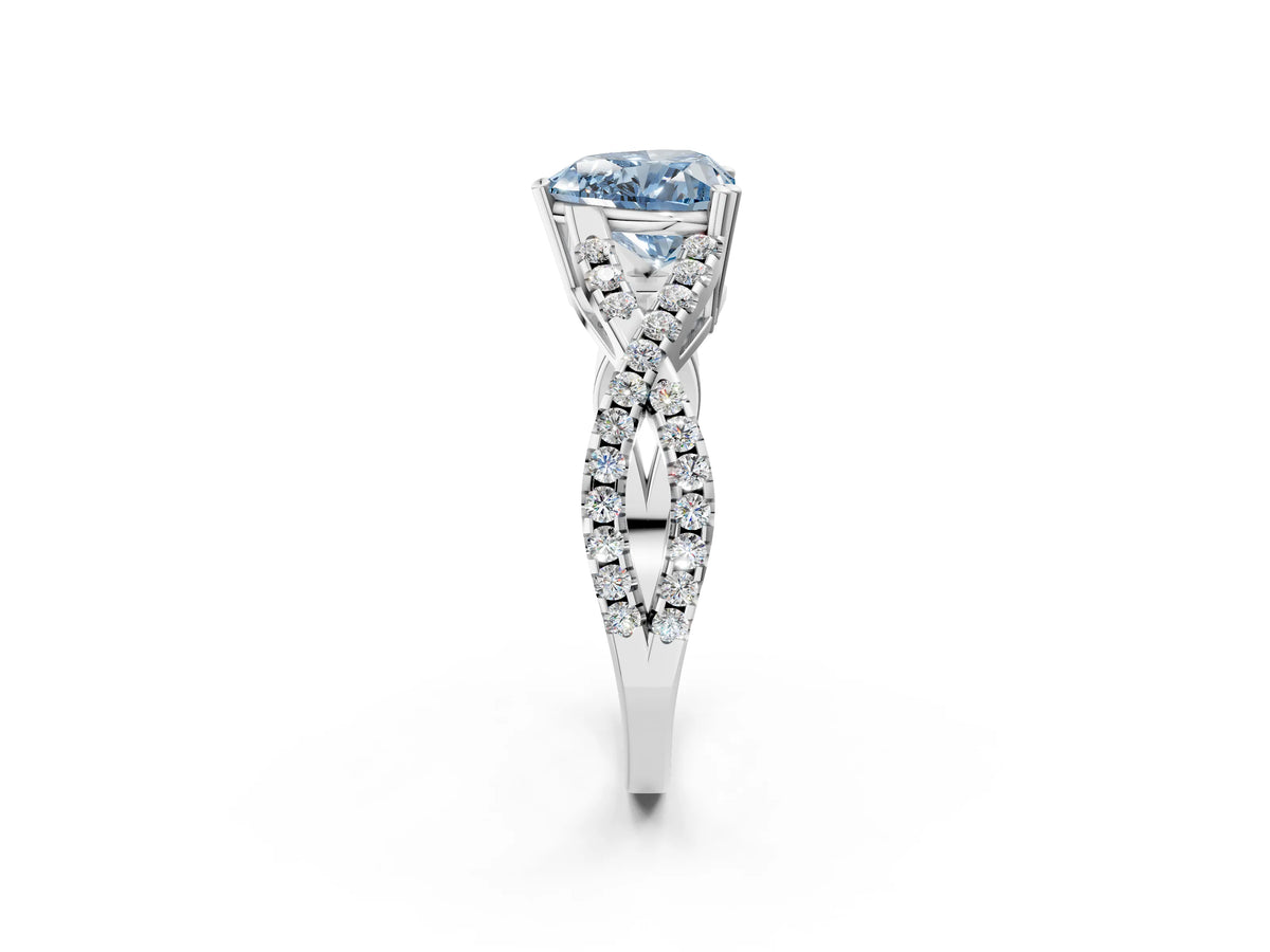 Fancy Blue Heart Cut Diamond Solitaire Ring in Silver with Interwoven Pavé Band and Prong Setting_8