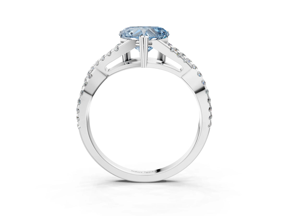 Fancy Blue Heart Cut Diamond Solitaire Ring in Silver with Interwoven Pavé Band and Prong Setting_9
