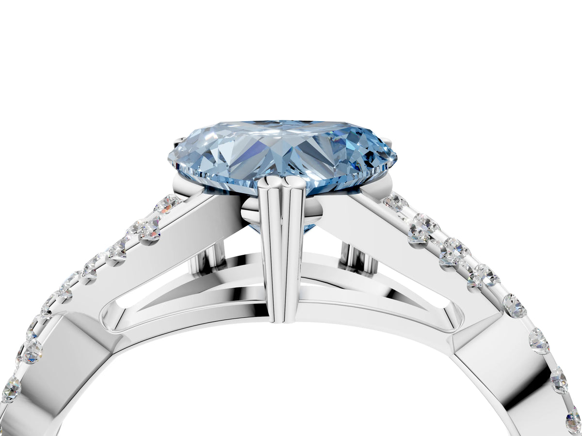 Fancy Blue Heart Cut Diamond Solitaire Ring in White gold with Interwoven Pavé Band and Prong Setting_4