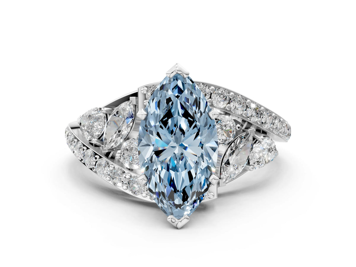 Fancy Blue Marquise Cut Diamond Halo Ring in Platinum with Marquise and Pavé Band in Prong Setting_6