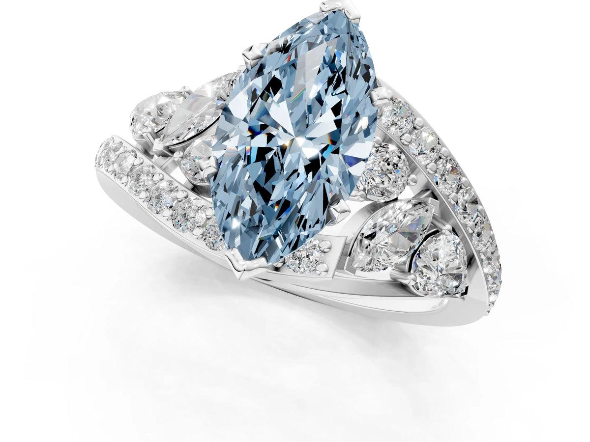 Fancy Blue Marquise Cut Diamond Halo Ring in Platinum with Marquise and Pavé Band in Prong Setting_7