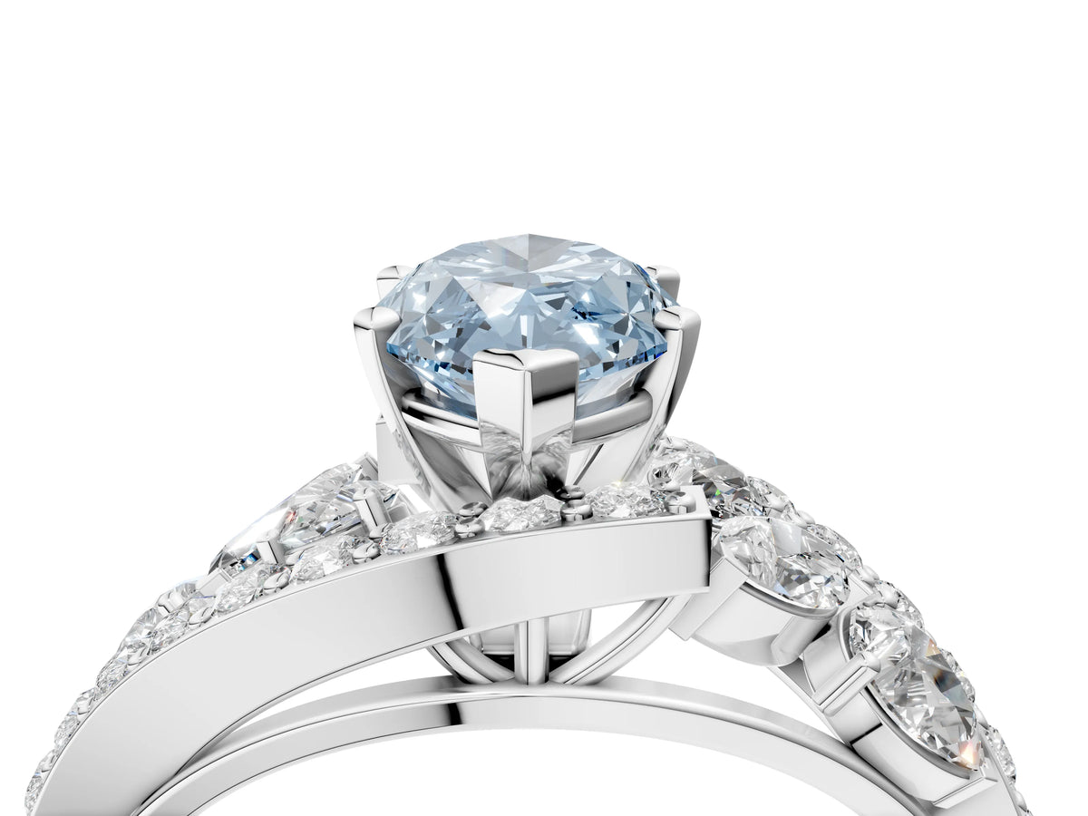 Fancy Blue Marquise Cut Diamond Halo Ring in White gold with Marquise and Pavé Band in Prong Setting_4