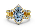 Fancy Blue Marquise Cut Diamond Halo Ring in Yellow gold with Split Shank Band and Prong Setting