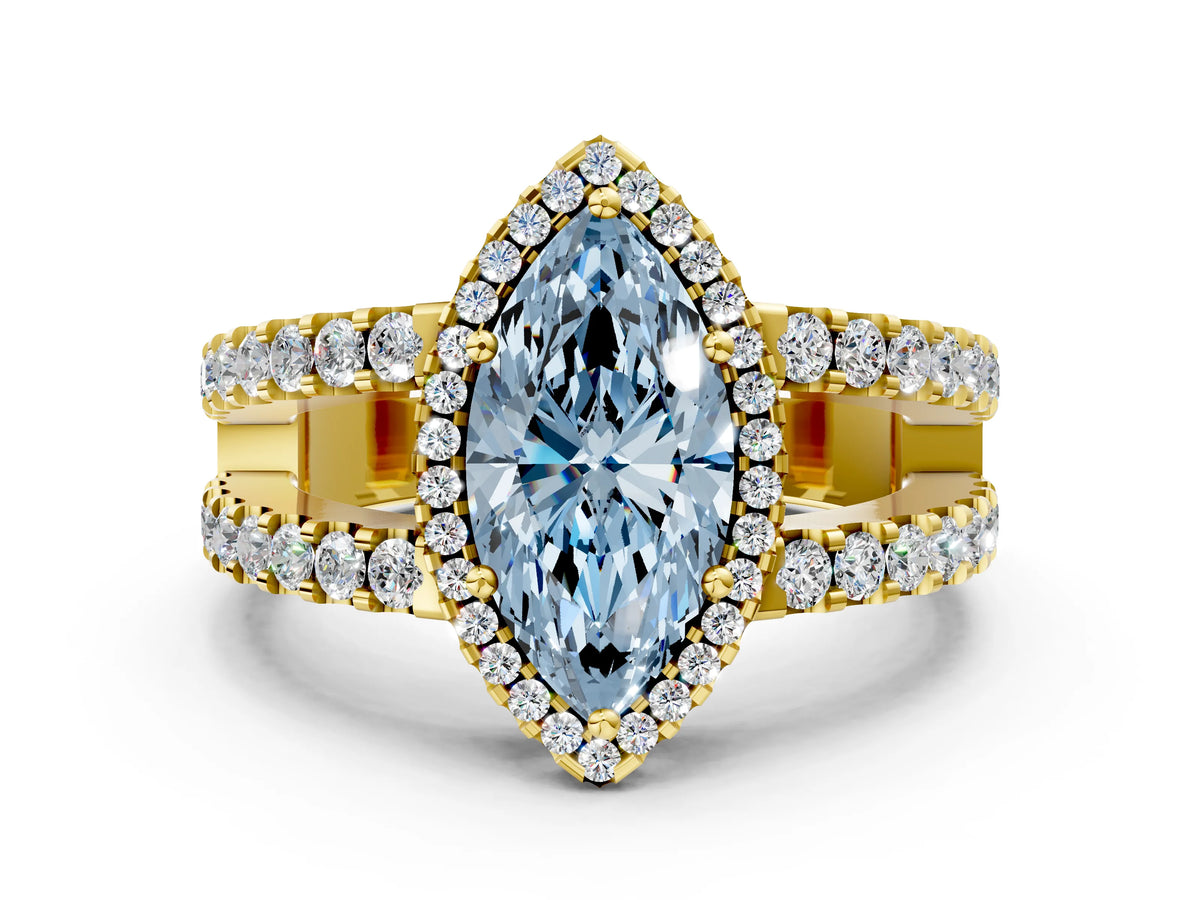 Fancy Blue Marquise Cut Diamond Halo Ring in Yellow gold with Split Shank Band and Prong Setting
