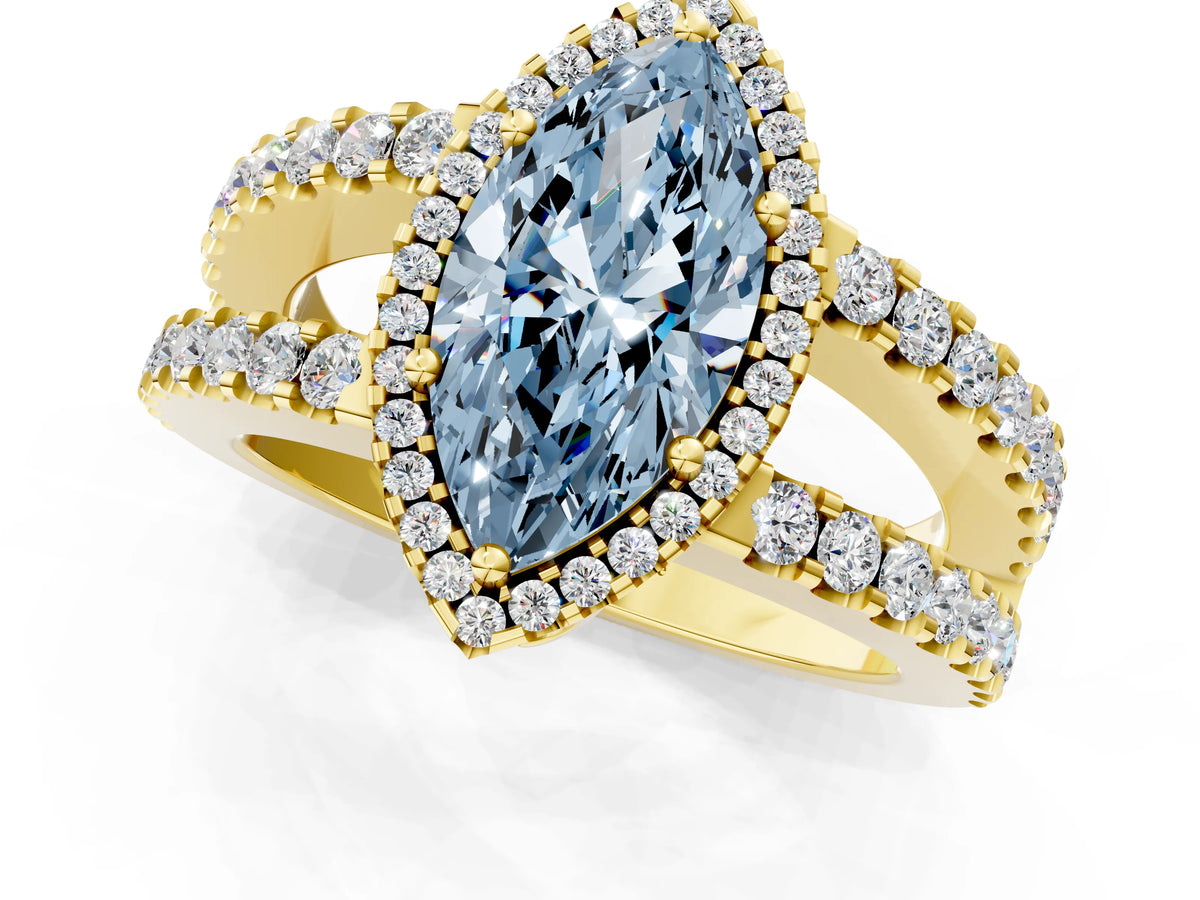 Fancy Blue Marquise Cut Diamond Halo Ring in Yellow gold with Split Shank Band and Prong Setting_1
