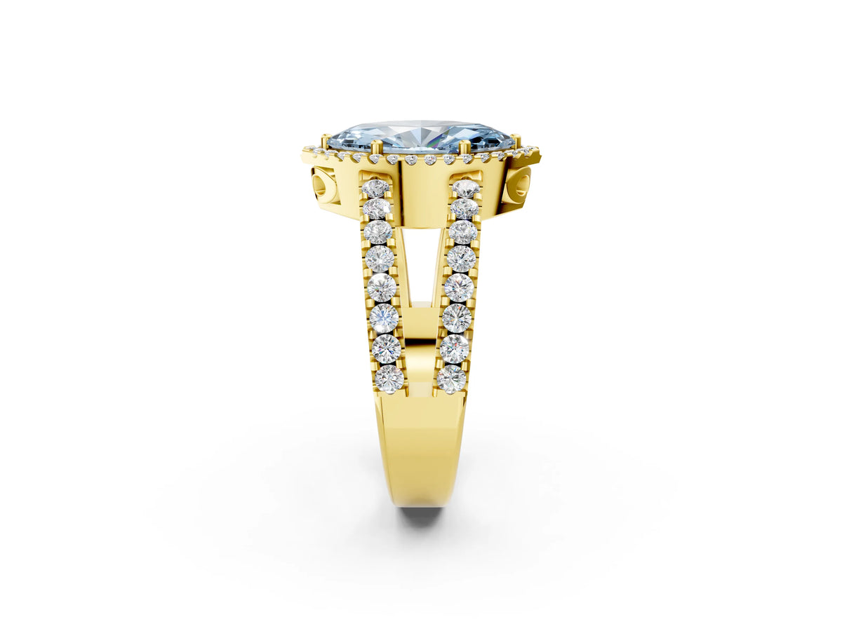 Fancy Blue Marquise Cut Diamond Halo Ring in Yellow gold with Split Shank Band and Prong Setting_2
