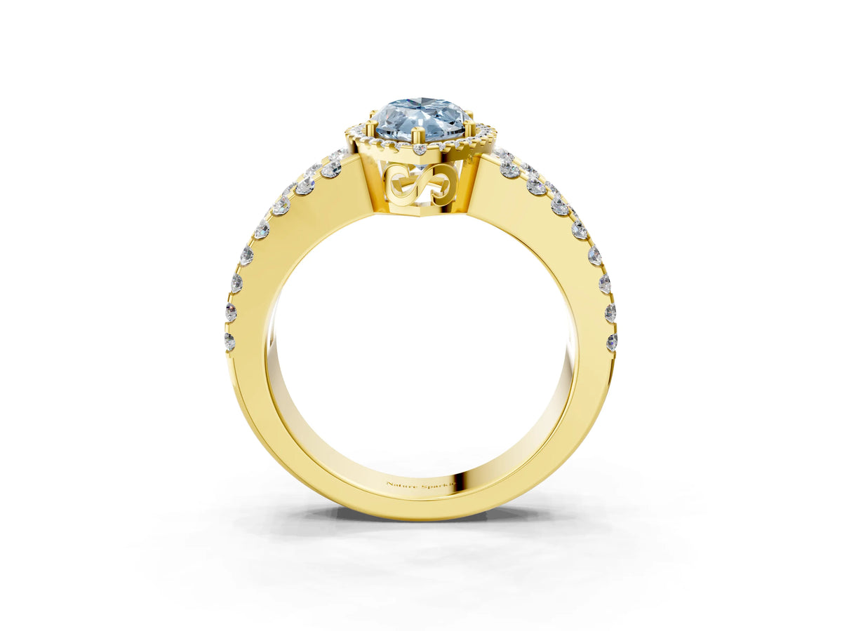 Fancy Blue Marquise Cut Diamond Halo Ring in Yellow gold with Split Shank Band and Prong Setting_3