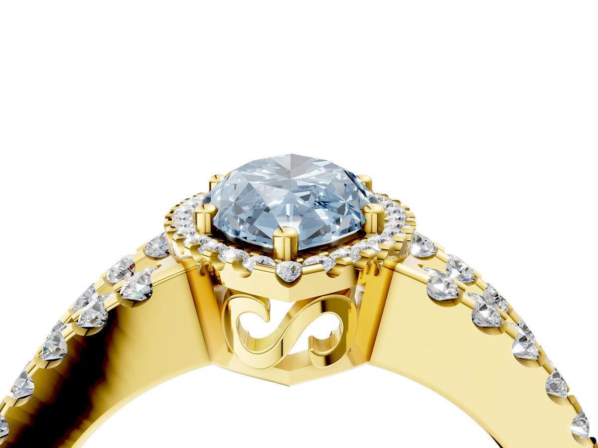 Fancy Blue Marquise Cut Diamond Halo Ring in Yellow gold with Split Shank Band and Prong Setting_4