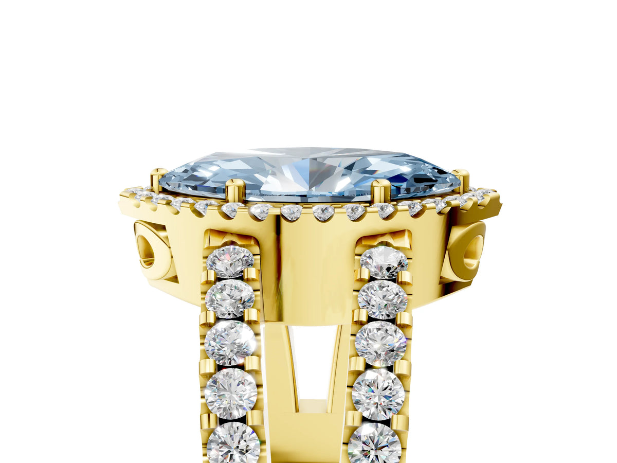 Fancy Blue Marquise Cut Diamond Halo Ring in Yellow gold with Split Shank Band and Prong Setting_5