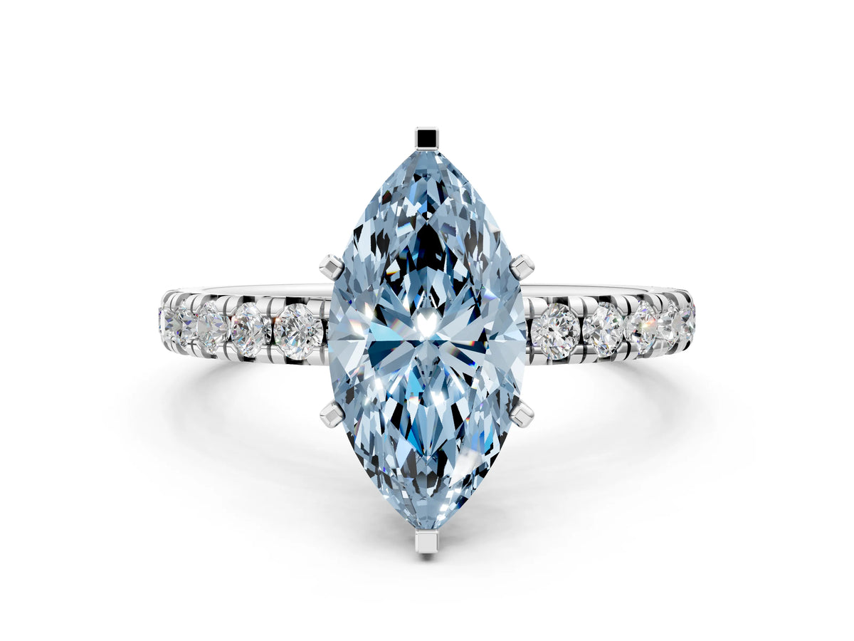 Fancy Blue Marquise Cut Diamond Pavé Solitaire Ring in Platinum with Round Pavé Band and Prong Setting