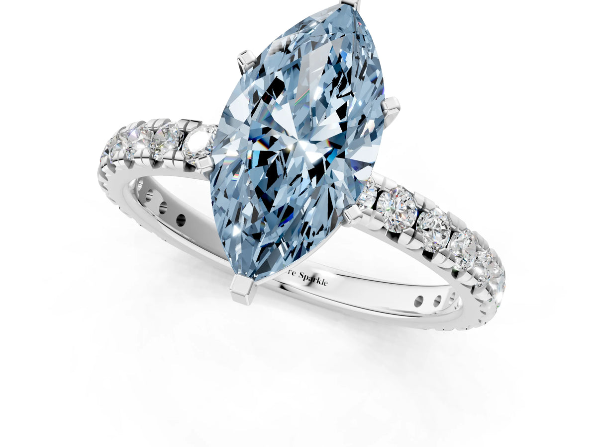 Fancy Blue Marquise Cut Diamond Pavé Solitaire Ring in Platinum with Round Pavé Band and Prong Setting_1