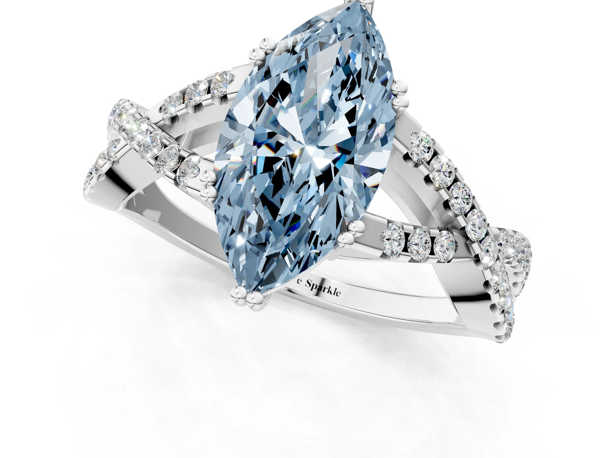 Fancy Blue Marquise Cut Diamond Solitaire Ring in Platinum with Interwoven Pavé Band and Prong Setting_7