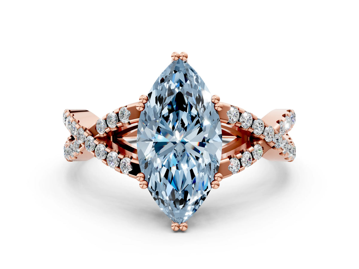 Fancy Blue Marquise Cut Diamond Solitaire Ring in Rose gold with Interwoven Pavé Band and Prong Setting