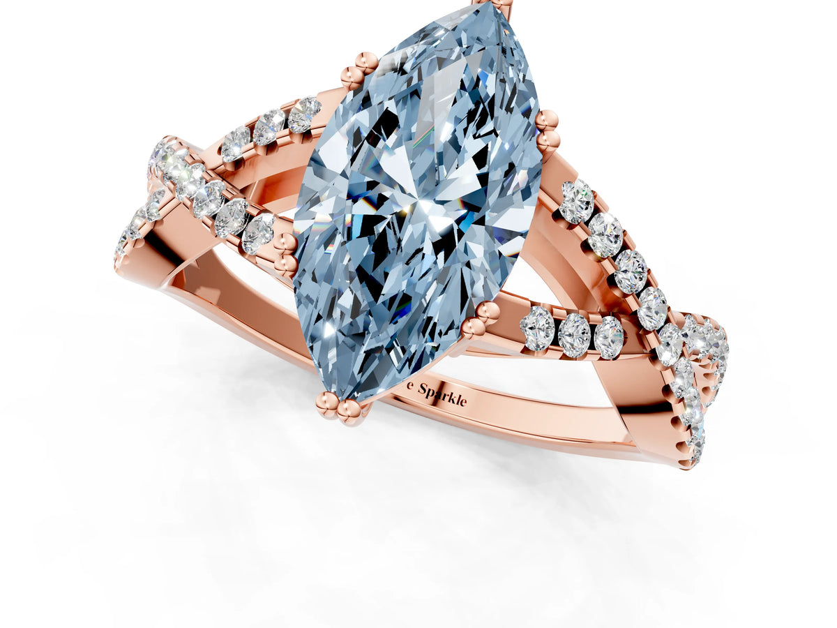 Fancy Blue Marquise Cut Diamond Solitaire Ring in Rose gold with Interwoven Pavé Band and Prong Setting_1