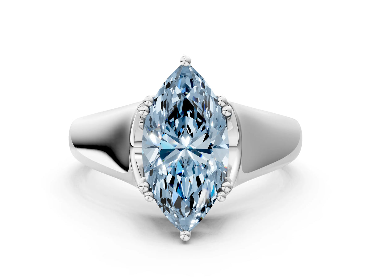 Fancy Blue Marquise Cut Diamond Solitaire Ring in Silver with Smooth Wide Band and Prong Setting_12