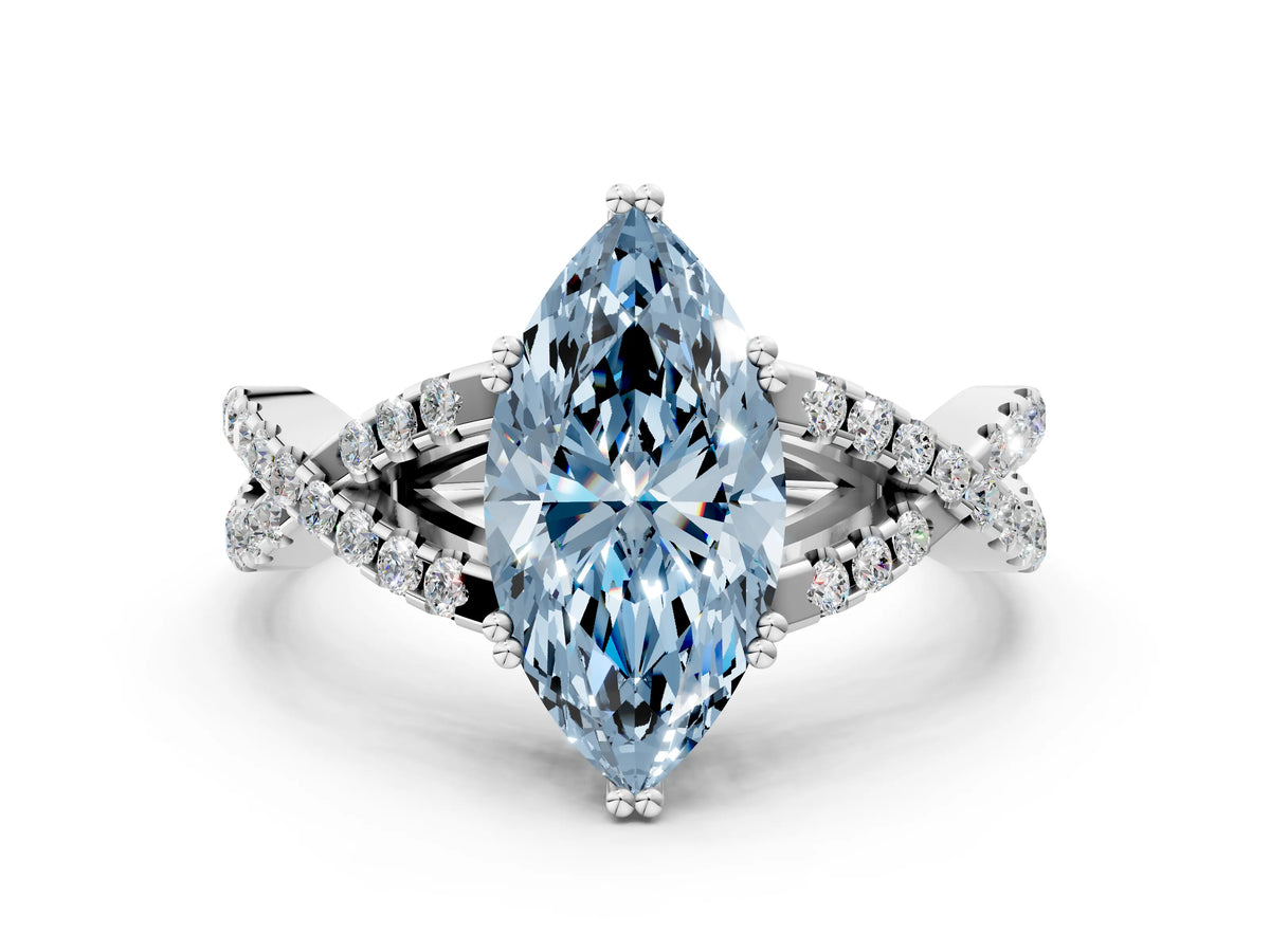 Fancy Blue Marquise Cut Diamond Solitaire Ring in White gold with Interwoven Pavé Band and Prong Setting