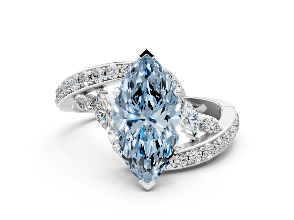 Fancy Blue Marquise Cut Diamond Solitaire Ring in White gold with Pavé Twist Band and Prong Setting