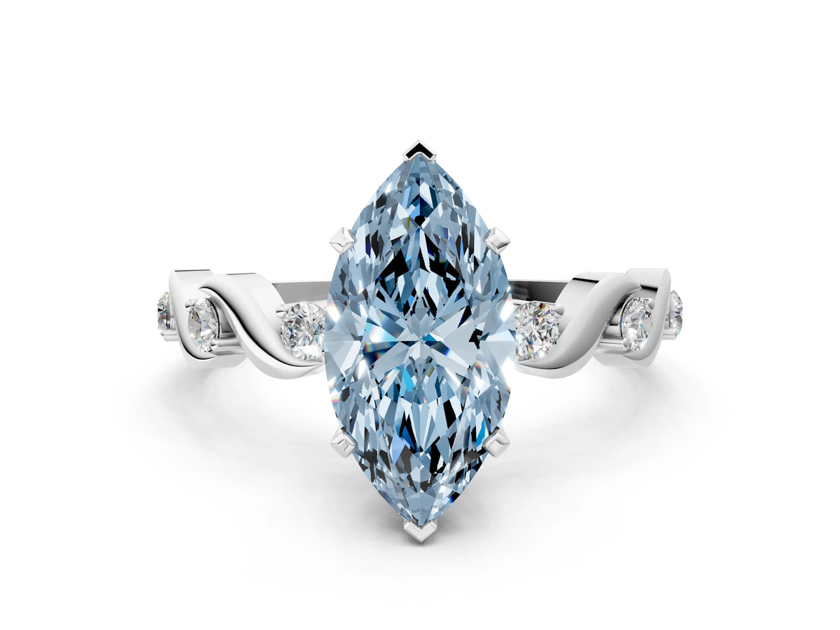 Fancy Blue Marquise Cut Diamond Solitaire Ring in White gold with Twisted Ribbon Band and Round Accents