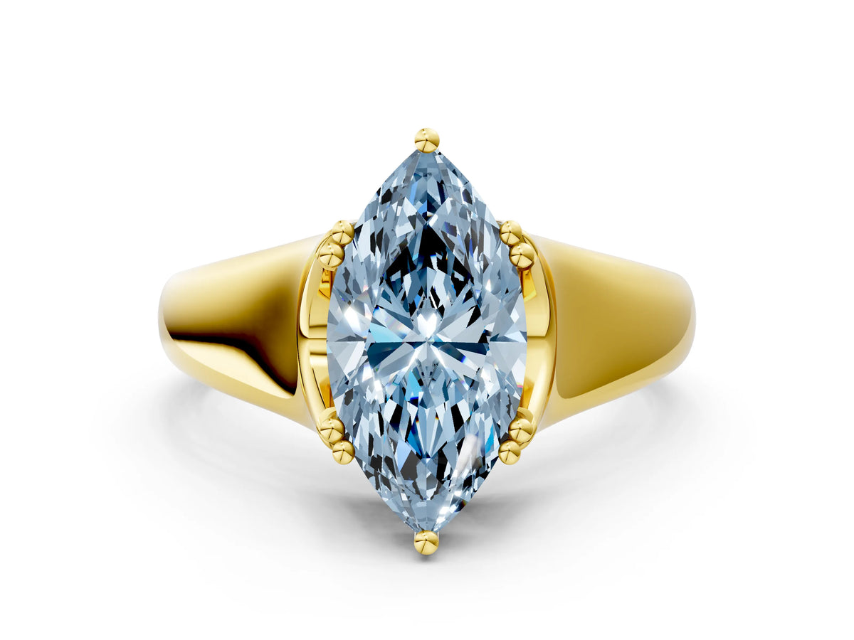 Fancy Blue Marquise Cut Diamond Solitaire Ring in Yellow gold with Smooth Wide Band and Prong Setting
