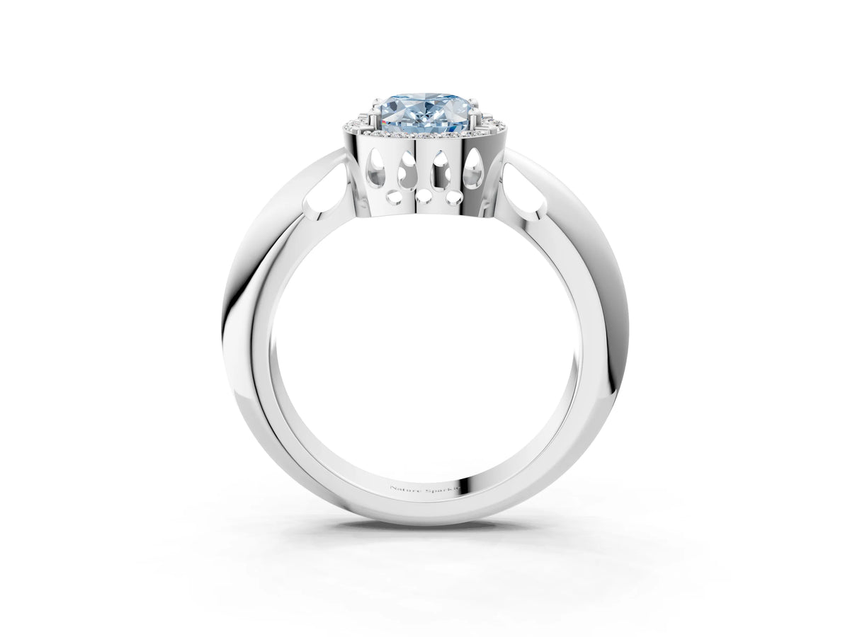 Fancy Blue Oval Cut Diamond Halo Engagement Ring in Platinum with Plain Split Shank and Prong Setting_15
