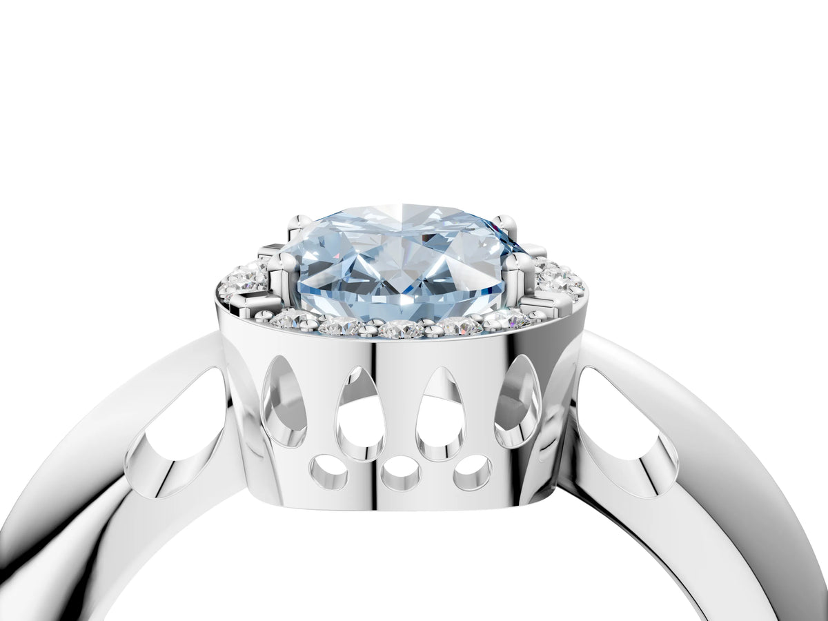 Fancy Blue Oval Cut Diamond Halo Engagement Ring in Silver with Plain Split Shank and Prong Setting_16