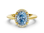 Fancy Blue Oval Cut Diamond Halo Engagement Ring in Yellow gold with Plain Split Shank and Prong Setting