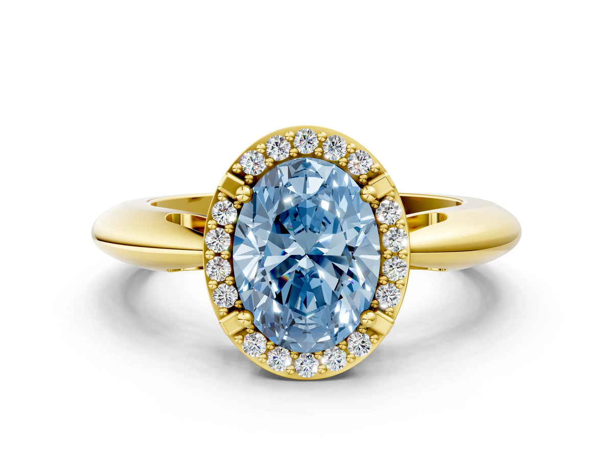 Fancy Blue Oval Cut Diamond Halo Engagement Ring in Yellow gold with Plain Split Shank and Prong Setting