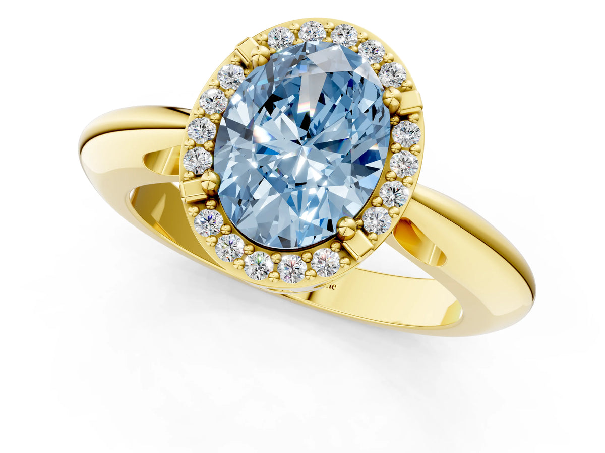 Fancy Blue Oval Cut Diamond Halo Engagement Ring in Yellow gold with Plain Split Shank and Prong Setting_1