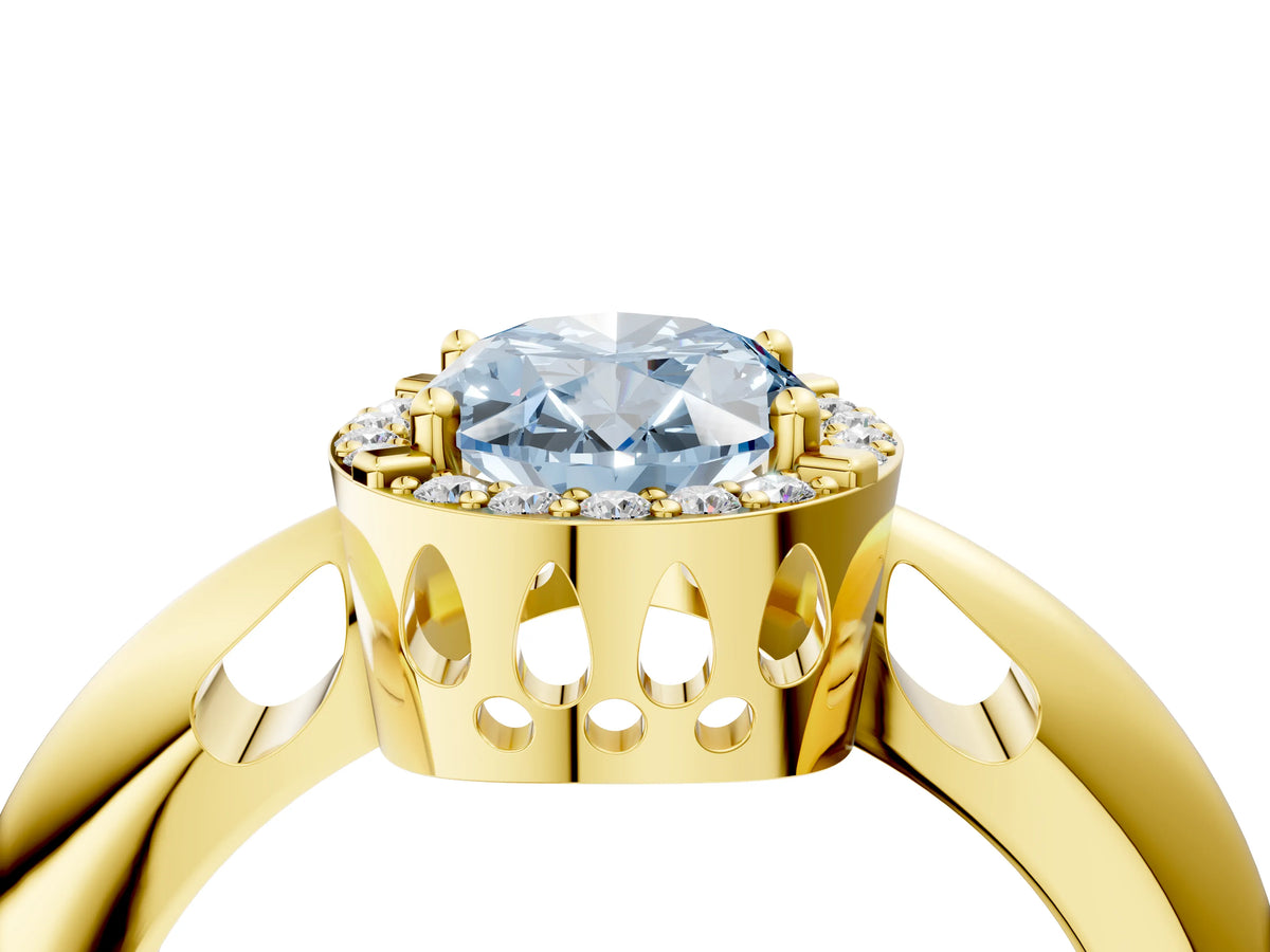 Fancy Blue Oval Cut Diamond Halo Engagement Ring in Yellow gold with Plain Split Shank and Prong Setting_4