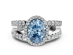 Fancy Blue Oval Cut Diamond Halo Ring in Platinum with Split Shank Band and Prong Setting_12
