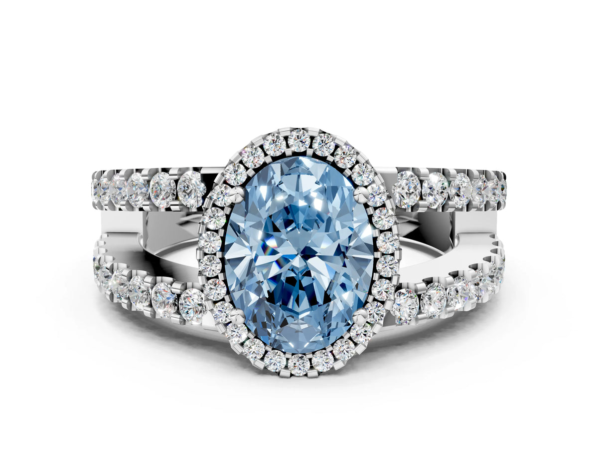 Fancy Blue Oval Cut Diamond Halo Ring in Platinum with Split Shank Band and Prong Setting_12