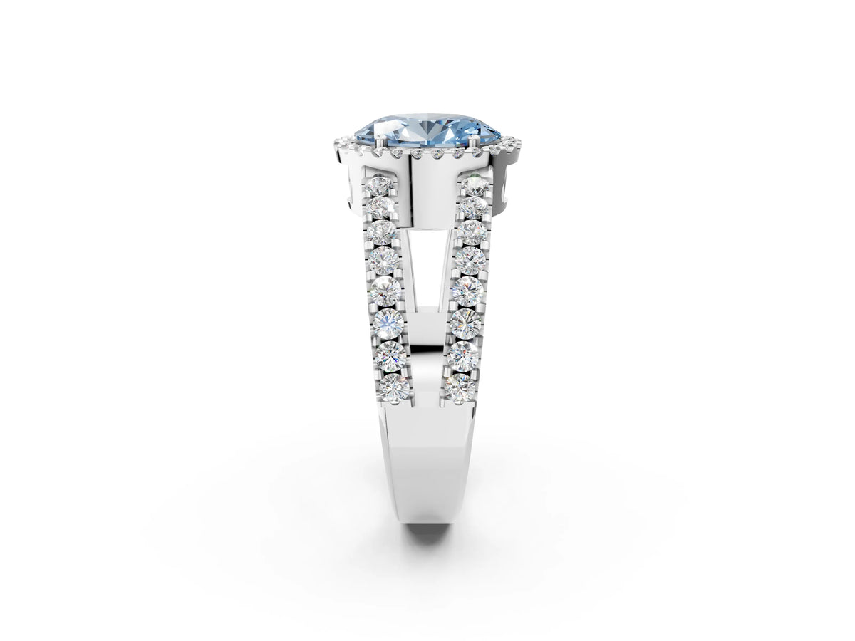 Fancy Blue Oval Cut Diamond Halo Ring in Platinum with Split Shank Band and Prong Setting_14