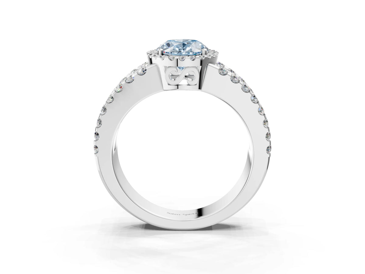 Fancy Blue Oval Cut Diamond Halo Ring in Platinum with Split Shank Band and Prong Setting_15