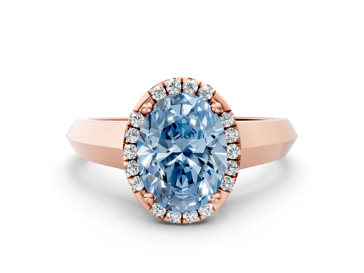 Fancy Blue Oval Cut Diamond Halo Ring in Rose gold with Cathedral Band and Prong Setting