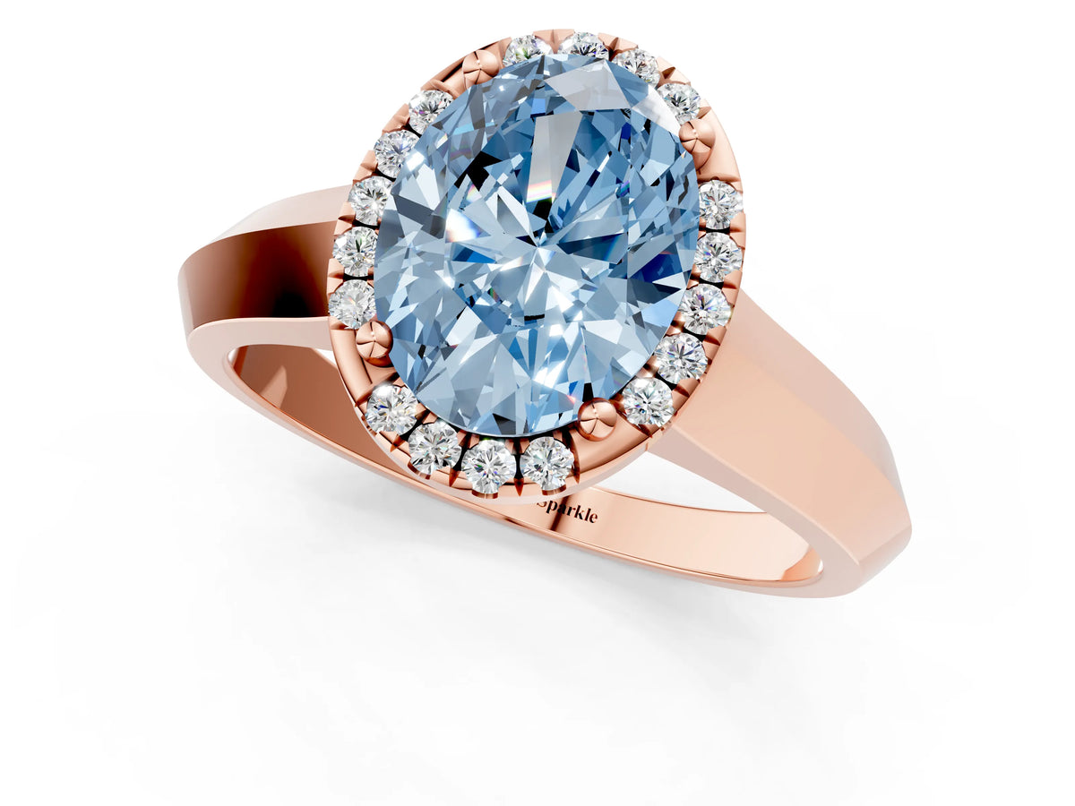 Fancy Blue Oval Cut Diamond Halo Ring in Rose gold with Cathedral Band and Prong Setting_1