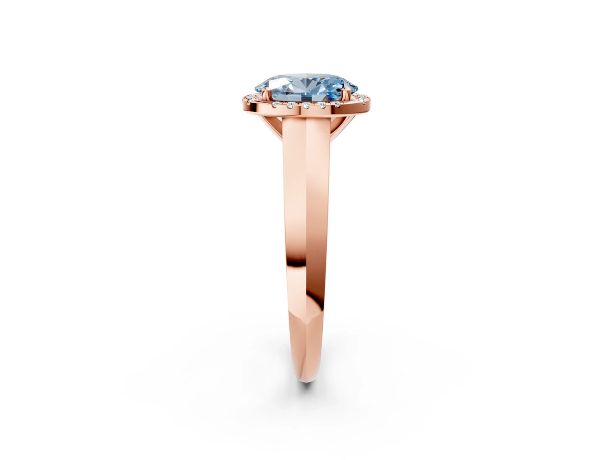 Fancy Blue Oval Cut Diamond Halo Ring in Rose gold with Cathedral Band and Prong Setting_2