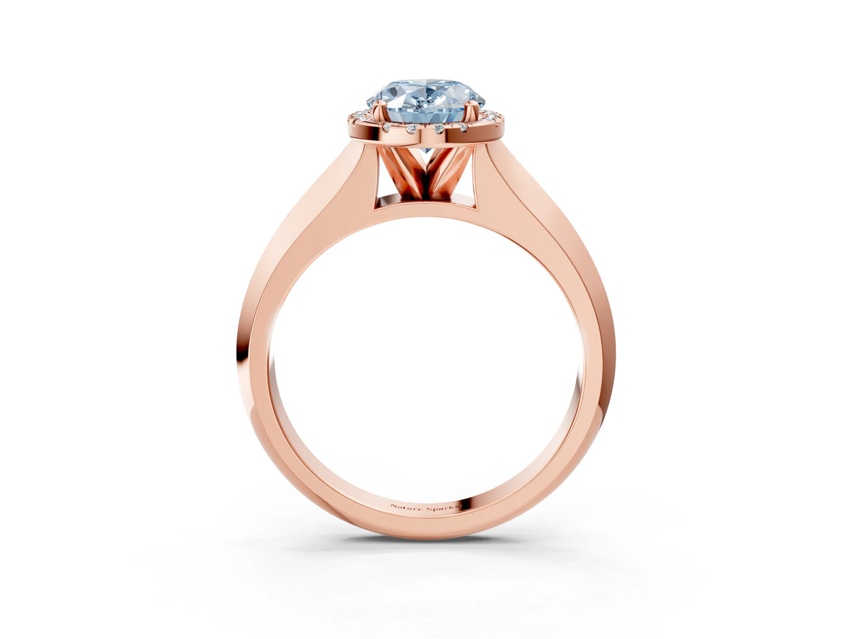 Fancy Blue Oval Cut Diamond Halo Ring in Rose gold with Cathedral Band and Prong Setting_3