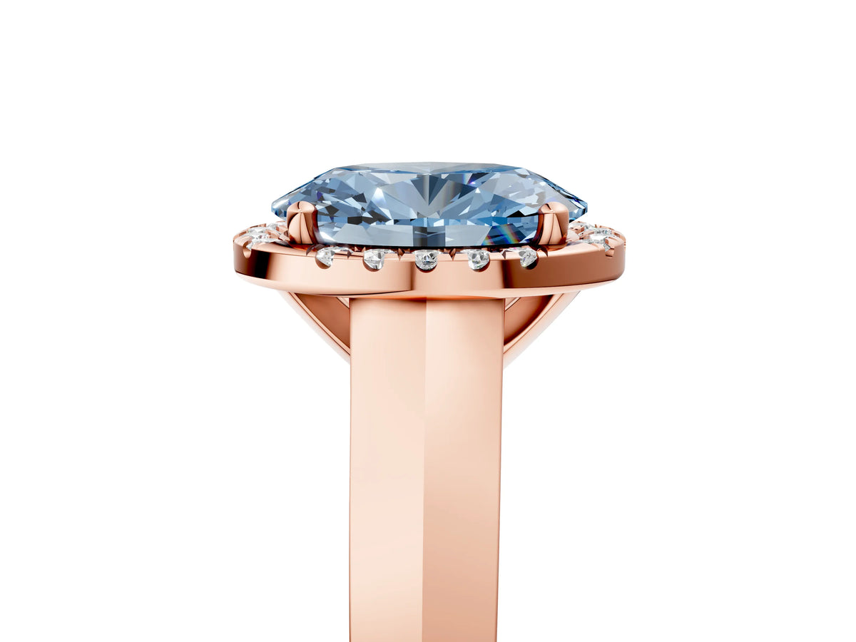 Fancy Blue Oval Cut Diamond Halo Ring in Rose gold with Cathedral Band and Prong Setting_5