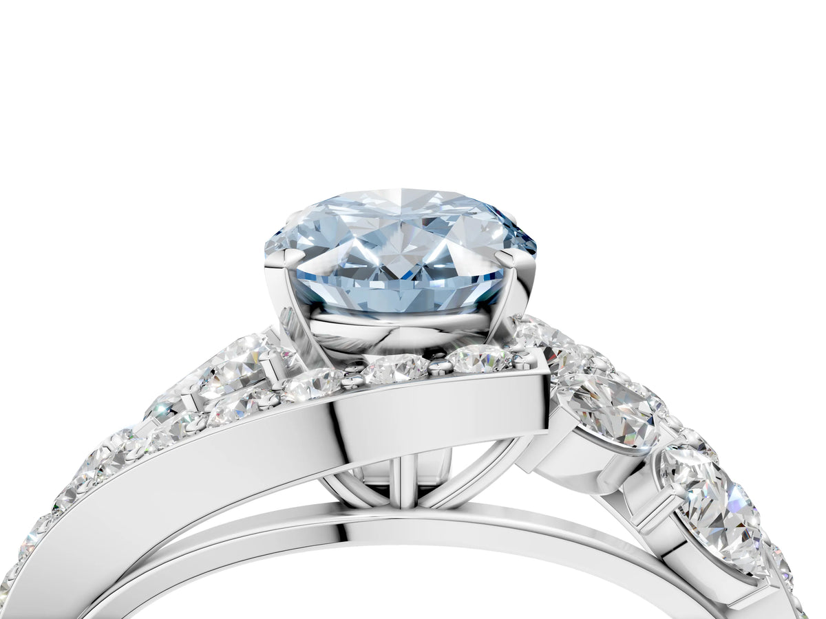 Fancy Blue Oval Cut Diamond Halo Ring in Silver with Marquise and Pavé Band in Prong Setting_16