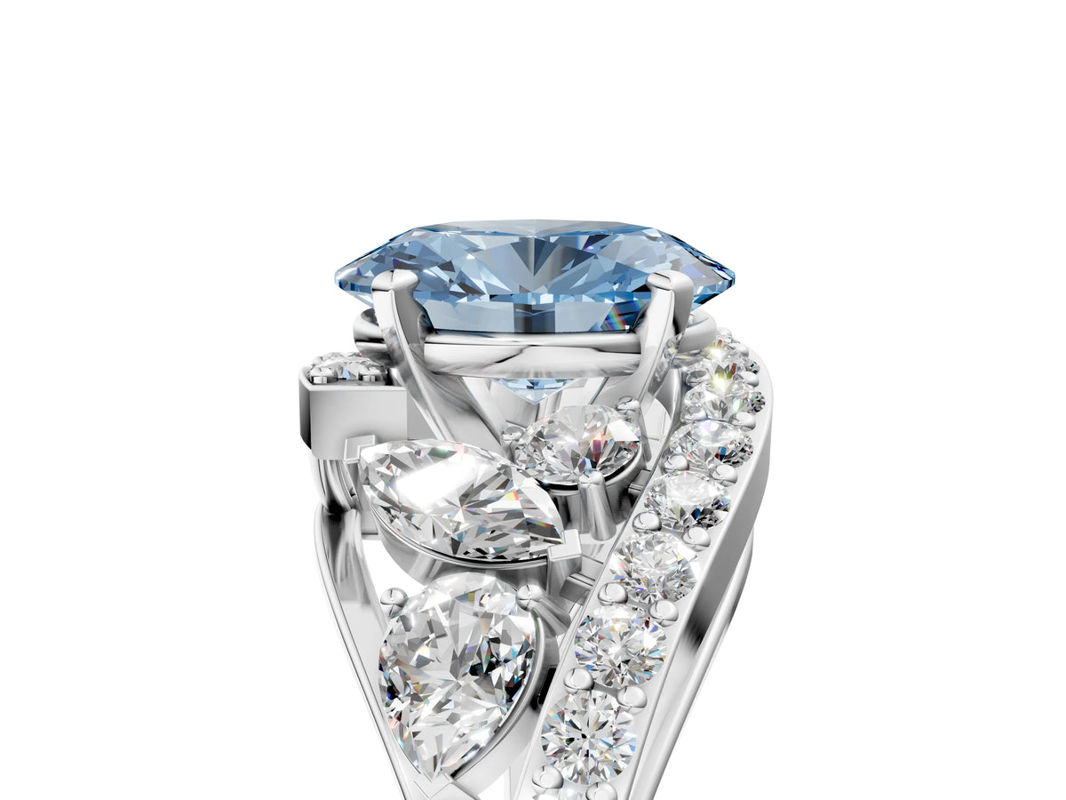 Fancy Blue Oval Cut Diamond Halo Ring in Silver with Marquise and Pavé Band in Prong Setting_17