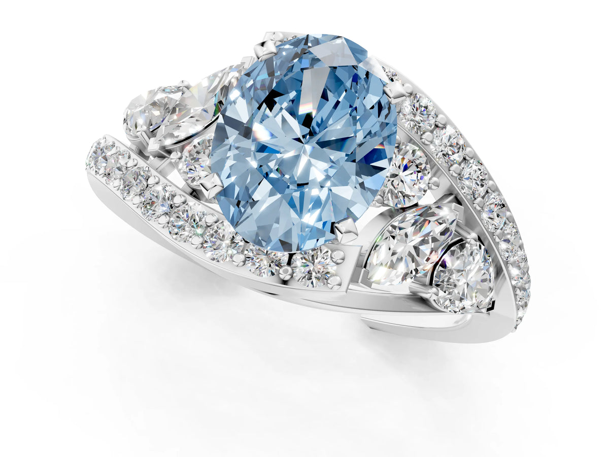 Fancy Blue Oval Cut Diamond Halo Ring in White gold with Marquise and Pavé Band in Prong Setting_1