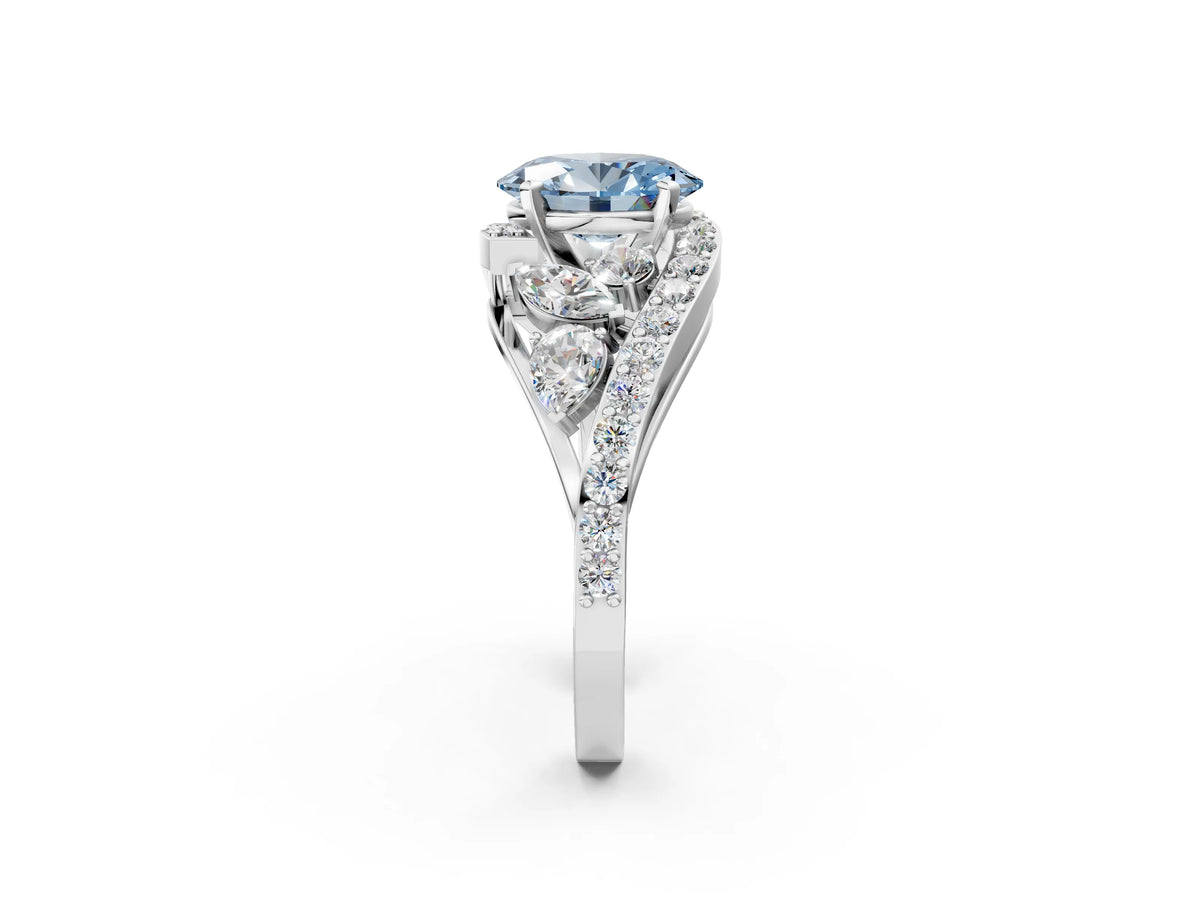 Fancy Blue Oval Cut Diamond Halo Ring in White gold with Marquise and Pavé Band in Prong Setting_2