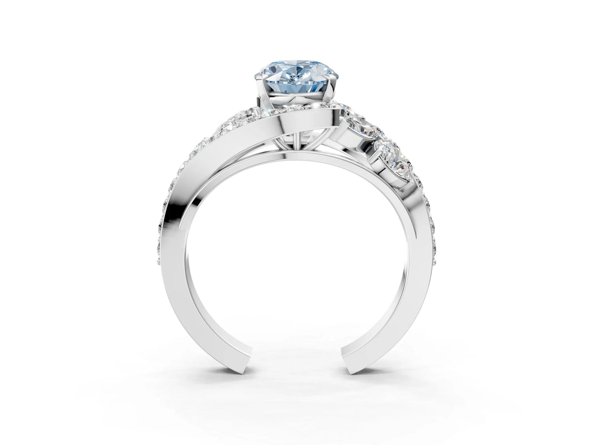 Fancy Blue Oval Cut Diamond Halo Ring in White gold with Marquise and Pavé Band in Prong Setting_3