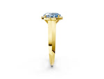 Fancy Blue Oval Cut Diamond Halo Ring in Yellow gold with Cathedral Band and Prong Setting_2