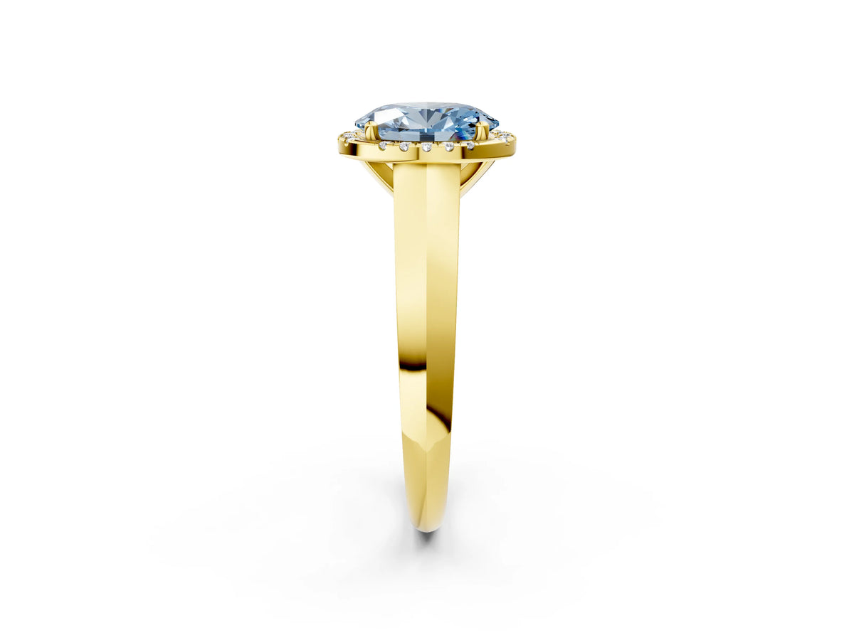 Fancy Blue Oval Cut Diamond Halo Ring in Yellow gold with Cathedral Band and Prong Setting_2