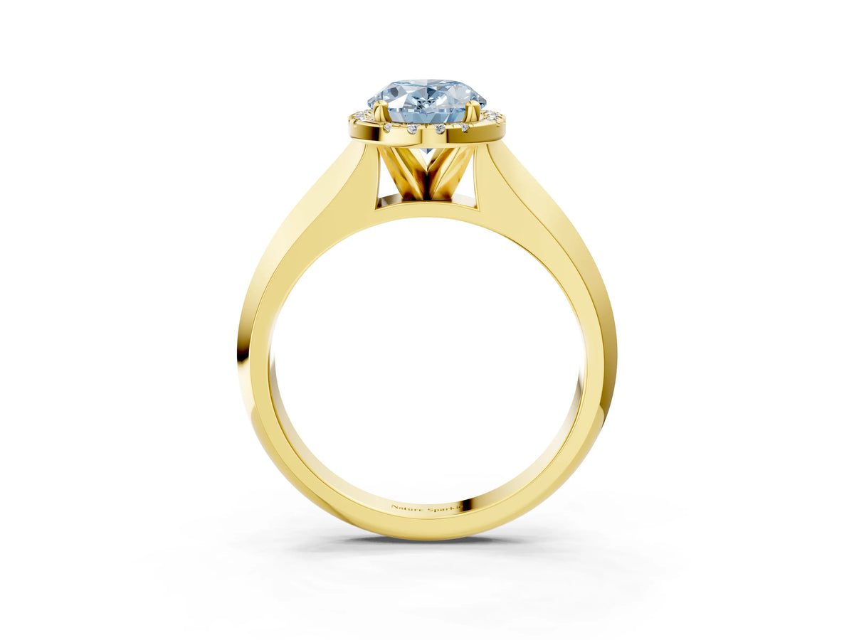 Fancy Blue Oval Cut Diamond Halo Ring in Yellow gold with Cathedral Band and Prong Setting_3