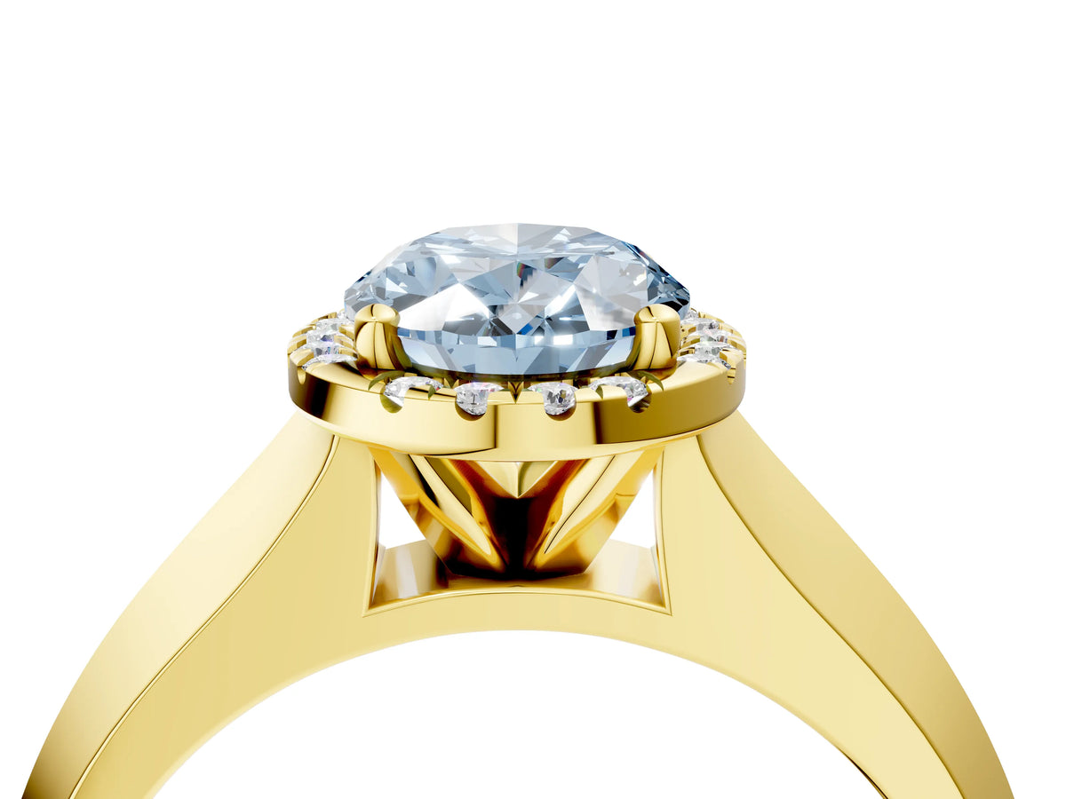 Fancy Blue Oval Cut Diamond Halo Ring in Yellow gold with Cathedral Band and Prong Setting_4