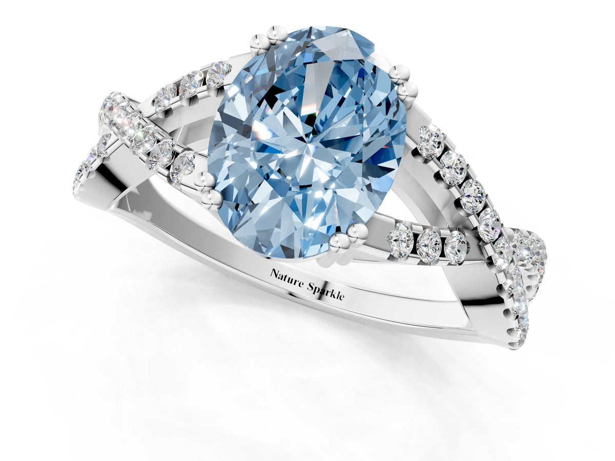 Fancy Blue Oval Cut Diamond Solitaire Ring in Platinum with Interwoven Pavé Band and Prong Setting_7